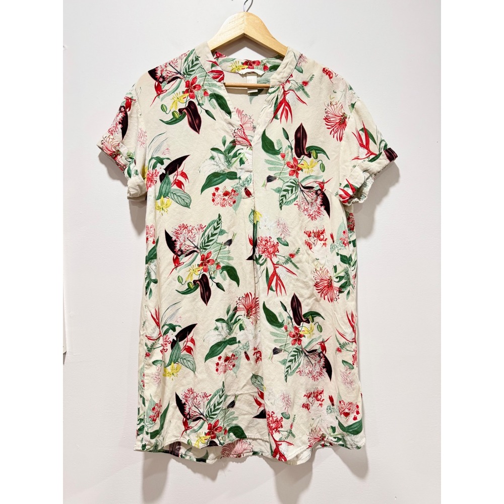 H&M Tropical Floral Print Short Sleeve Shift Mini Dress Cream Red Green Size 4
